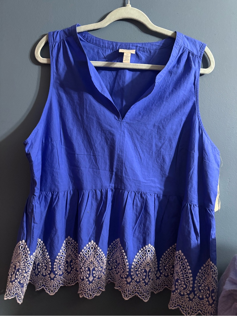 St. John's Bay Blue Sleeveless Peplum Tank with Cream Embroidery